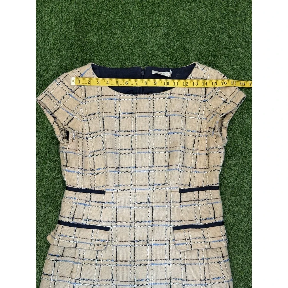 Tory Burch Evie‎ Career Dress Size 10 Woven Neutral Tan Blue Quiet Luxury